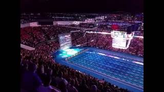 US Swimming fans instantly unite to sing the National Anthem when the singers microphone fails [upl. by Anilegna967]