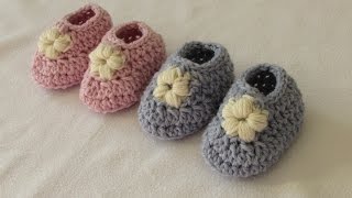 How to crochet puff stitch flower baby booties  shoes  slippers [upl. by Lenwood880]