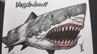 How To Drawing Megalodon using pen marker  Shark  Speed Draw [upl. by Skill]