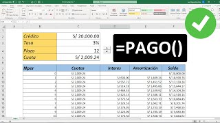 Función Pago en Excel Calculo de cuota de un préstamo basado en pagos y tasa de interés constantes [upl. by Aylat]