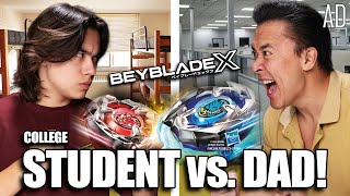 COLLEGE STUDENT vs FATHER Beyblade XTreme Dorm Room Challenge [upl. by Eadrahs]