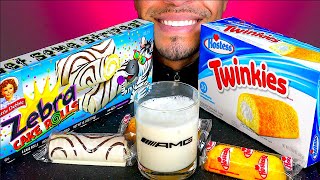 ASMR LITTLE DEBBIE ZEBRA CAKE ROLLS HOSTESS TWINKIES MUKBAN EATING CANDY SOUNDS [upl. by Duky386]