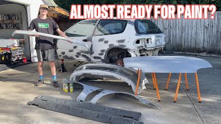 400hp Turbo EG Civic Rebuild Pt 7 Sanding And Priming Guards Bonnet And Bumpers [upl. by Eladnyl]