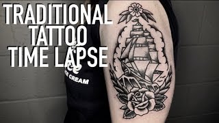 TRADITIONAL TATTOO TIME LAPSE  BLACKWORK SHIP 4K [upl. by Vivienne]