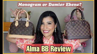 LOUIS VUITTON ALMA BB REVIEW 2022 WHAT FITS PROS CONS DAMIER EBENE VS MONOGRAM [upl. by Proulx]