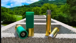 12 gauge slug VS 4570 GOVT Hard Cast  Cinder Block Test [upl. by Aihsik887]