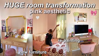 HUGE ROOM TRANSFORMATION 🎀🤍 pink aesthetic all new furniture room tour repainting decor haul [upl. by Richella]