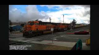 BNSF intermodal train with BNSF warbonnet at Tehachapi Depot Railcam [upl. by Neicul]