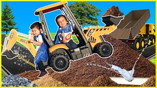 Excavator digging dirt at construction site with kids ride on backhoe digger and excavator bulldozer [upl. by Acsot]