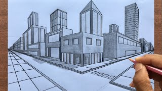 How to Draw using Two Point Perspective Draw a Town Stepbystep [upl. by Ajet987]