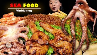 Eating Big Octopus Fried Tiger Prawns Chicken Adobo With Spicy Black Bean Noodles Nepali Mukbang [upl. by Farlie]