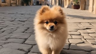 A Pomeranian puppy walks through the old town to the sea [upl. by Oiluig]