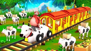 Cow Train Fruits Transport Farm Animals Diorama  Monkey Cow Dog Cat Panda Cartoons [upl. by Mikeb]