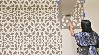 How to Stencil an Accent Wall in Only 1 Hour Painting a Wallpaper Pattern with Wall Stencils [upl. by Atiniv]