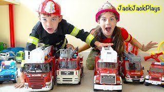 Firefighter Costume Pretend Play Cops and Robbers Fire Trucks and Toys for Kids  JackJackPlays [upl. by Anear354]