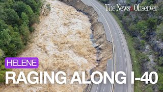 Watch the raging Pigeon River wash away I40 after Helene [upl. by Paquito850]