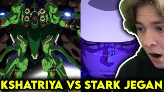 NON Anime Fan Reacts to Kshatriya vs Stark Jegan Mobile Suit Gundam Unicorn [upl. by Alhahs354]