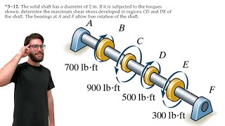 Determine the maximum shear stress developed in regions CD and DE of the shaft  512 [upl. by Liddy606]