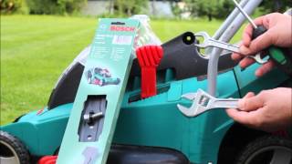 How to replace  change blade of Bosch Rotak cordless electric Lawn mower 43 40 37 34 32 36 LI [upl. by Lilah]