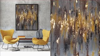 Easy Acrylic Abstract Gold leaf painting using 4 colors Grey  yellow black  brown [upl. by Gearalt]