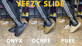 Adidas Yeezy Slides Onyx Ochre Pure On Foot Comparison  Sizing Tips [upl. by Campy]