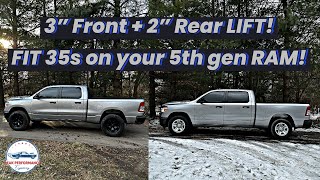 HOW TO INSTALL 3” Front  2” Rear leveling kit  control arms with 35” tires 5th gen Ram 20192024 [upl. by Yxor]