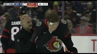 Tim Stutzle Leaves Game With Trainer After Puck To Eye [upl. by Anyahs]