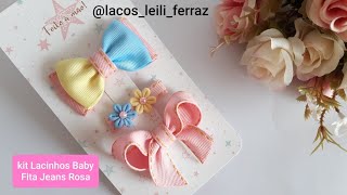 Kit de Lacinhos Baby na Fita Jeans Rosa Gravatinha duplo com 3 cores muito lindo e fácil [upl. by Essej]