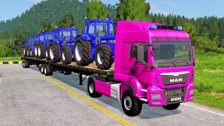 Tractors Transportation on a Flatbed Trailer Truck  Train vs Tractor  BeamNGDrive009 [upl. by Refanej]