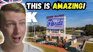 British Guys FIRST Baseball Facility Tour  FLORIDA GATORS’ 65000000 BASEBALL Facility [upl. by Aryamo]