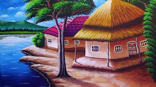 Indian riverside village scenery drawing painting  Easy paint with biswanath [upl. by Salazar591]