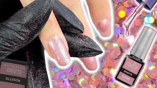 HOW TO APPLY GEL NAIL POLISH amp HOLO PINK LOOSE GLITTER  GEL POLISH GLITTER HACKS FOR ACRYLIC NAILS [upl. by Leinehtan]