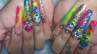 Watch me do my nails  Lisa Frank Rainbow acrylic nails [upl. by Ahsenom]