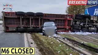 M6 crash Overturned lorry hits central reservation closing major route [upl. by Ielhsa878]