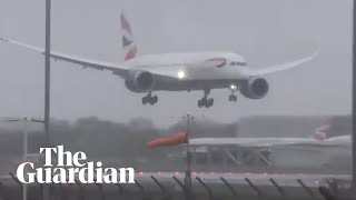 Plane struggles to land at Heathrow as Storm Erik hits UK and Ireland [upl. by Plante]