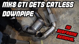 MK8 GTI GETS CTS TURBO CATLESS DOWNPIPE WITHOUT REMOVING SUBFRAME not fun at all [upl. by Donetta273]