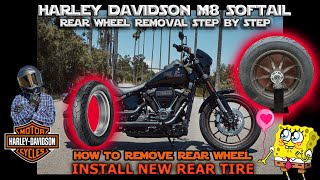 Harley Davidson M8 Softail Rear Wheel Tire Change Step by Step Install  FXLRS Rear Wheel Removal [upl. by Conn]