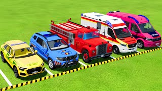 TRANSPORTING POLICE CARS FIRE DEPARTMENT AMBULANCE CAR WITH MAN TRUCKS TO THE GARAGE  FS22 [upl. by Dunson]