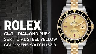 Rolex GMT Master II Diamond Ruby Serti Dial Steel Yellow Gold Watch 16713 Review  SwissWatchExpo [upl. by Attennaj]