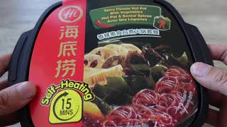 Haidilao spicy pickled vegetable self heating instant hot pot bowl review [upl. by Acassej]