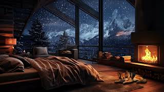 Snow Storm and Breathtaking View from the Bed in a Cozy Cabin Crackling Fire amp Wind Sound  Winter [upl. by Anawek953]