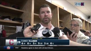 Indians Corey Kluber stays focused on interview as basketball game blares in background [upl. by Leugim]