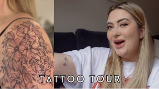 TATTOO TOUR  fine line dainty tattoos  self illustrated designs  jesselleking [upl. by Ytima]