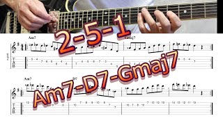 《 Guitar Exercise 199 》 Bebop Phrase 251 in the Key of G 【Tab ⇒ Description 概要欄】 Am7  D7  Gmaj7 [upl. by Novello]