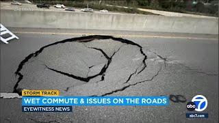 Large sinkhole closes 405 Freeway offramp in Sepulveda Pass for up to a month [upl. by Sokram627]