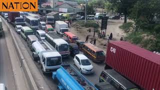 Traffic snarlup at Kibarani along Makupa causeway after a fuel tanker overturns [upl. by Neraa]