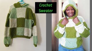 Crochet Solid Granny Square Patchwork SweaterHooded Granny Square PulloverPart 1 [upl. by Hoagland950]