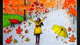 AUTUMN Season Scenery Drawing Step by step [upl. by Stannfield694]