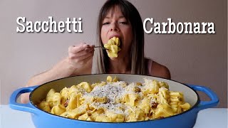 Four Cheese Sacchetti Carbonara MUKBANG  Recipe [upl. by Joelynn]