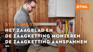 Het zaagblad en de zaagketting monteren amp de zaagketting aanspannen  STIHL MS 170 [upl. by Tnomel]